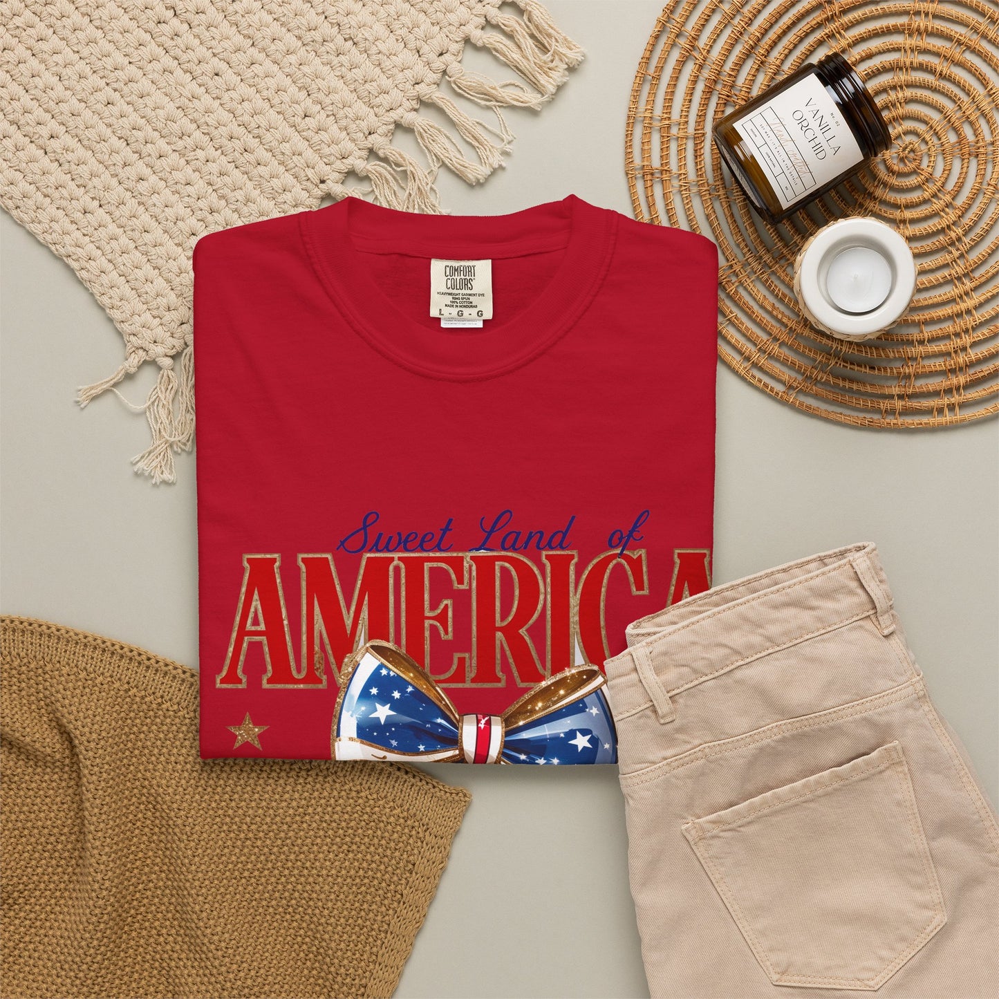 America Cherry Patriotic T-Shirt — "Sweet Land of America" Vintage Bow Design