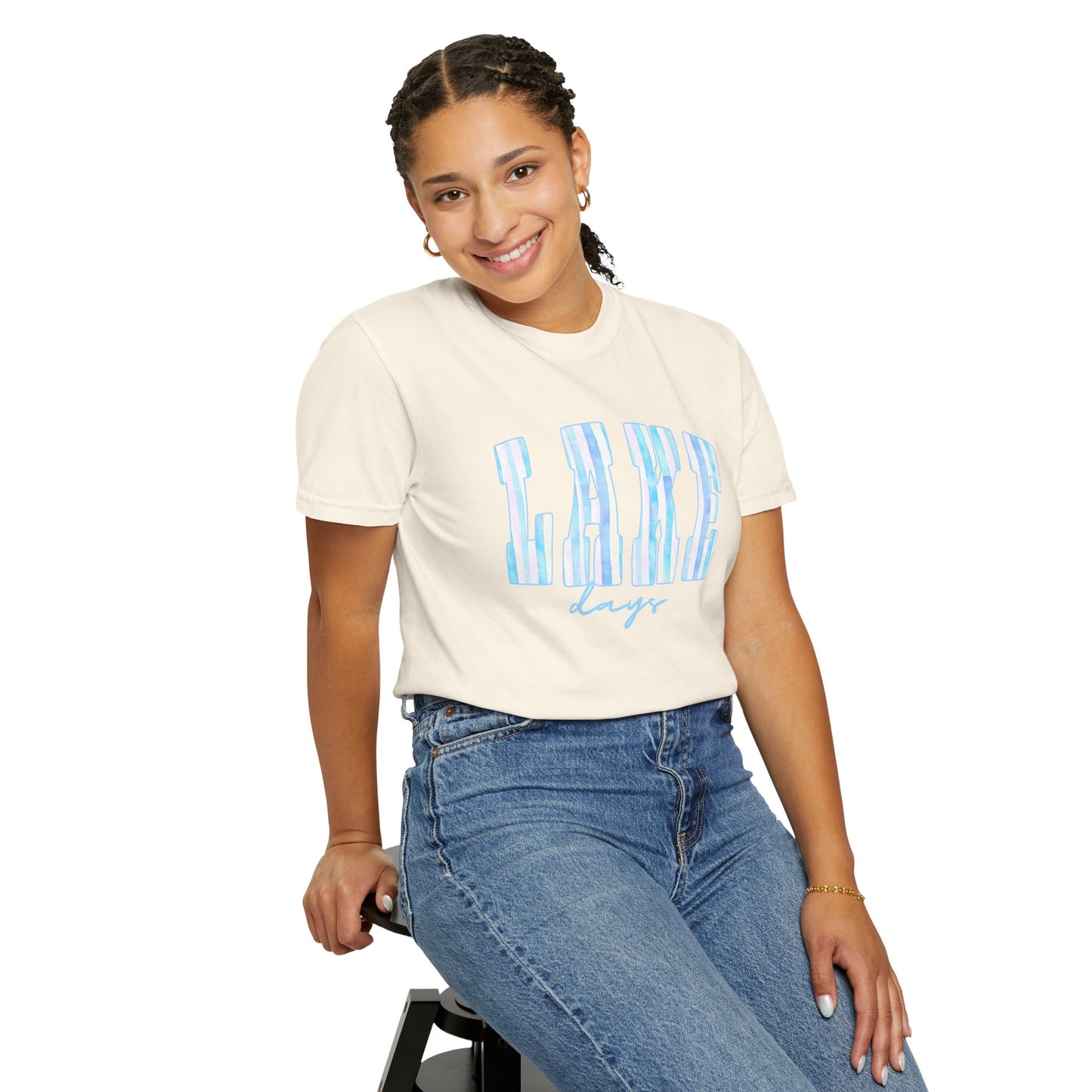 T-Shirt — "Lake Days" Blue Striped Graphic Tee