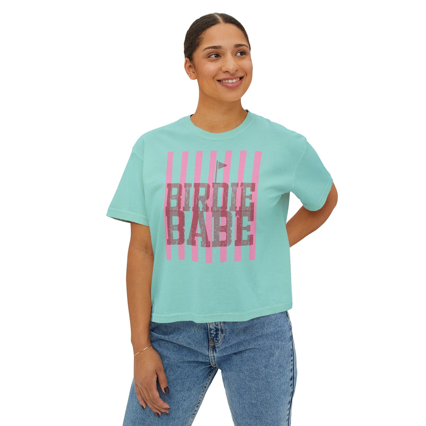 Birdie Babe Women's Boxy Tee — Pink Striped Golf Graphic