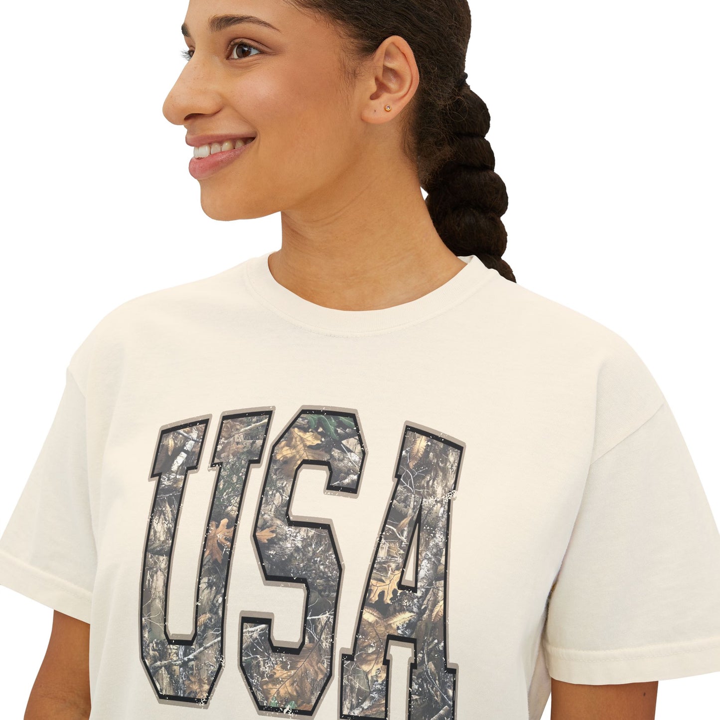 USA Camo Boxy Tee — Women's Patriotic Crop T-Shirt