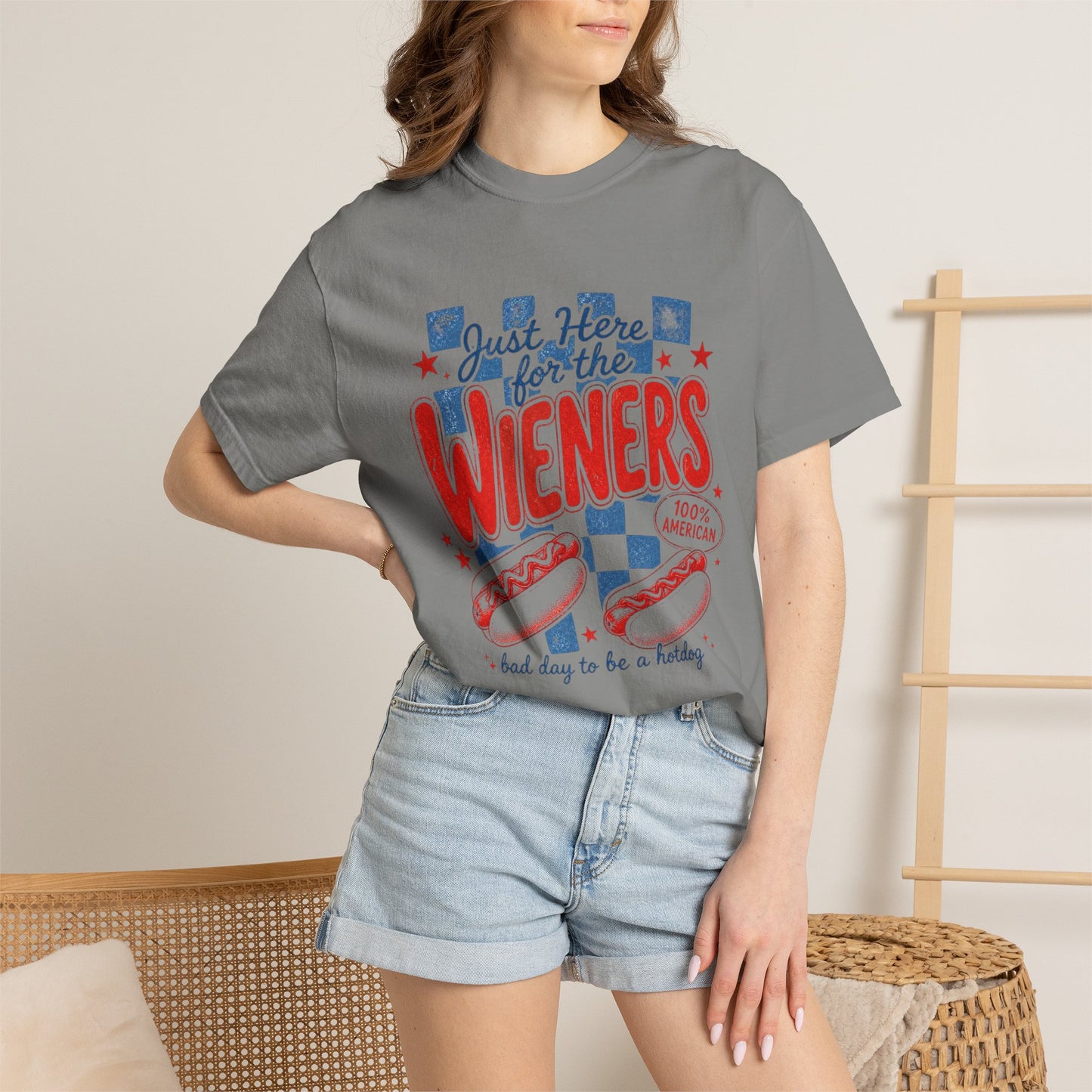Just Here for the Wieners T-Shirt — Patriotic Hot Dog BBQ Tee