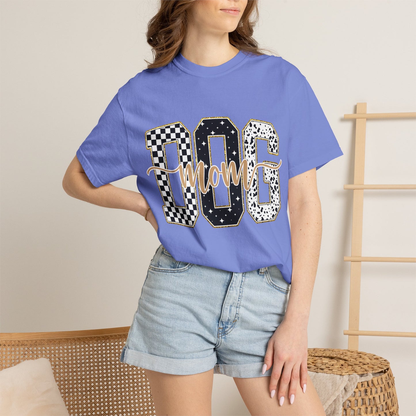 Dog Mom T‑Shirt — Checkerboard & Leopard Lettering Graphic Tee
