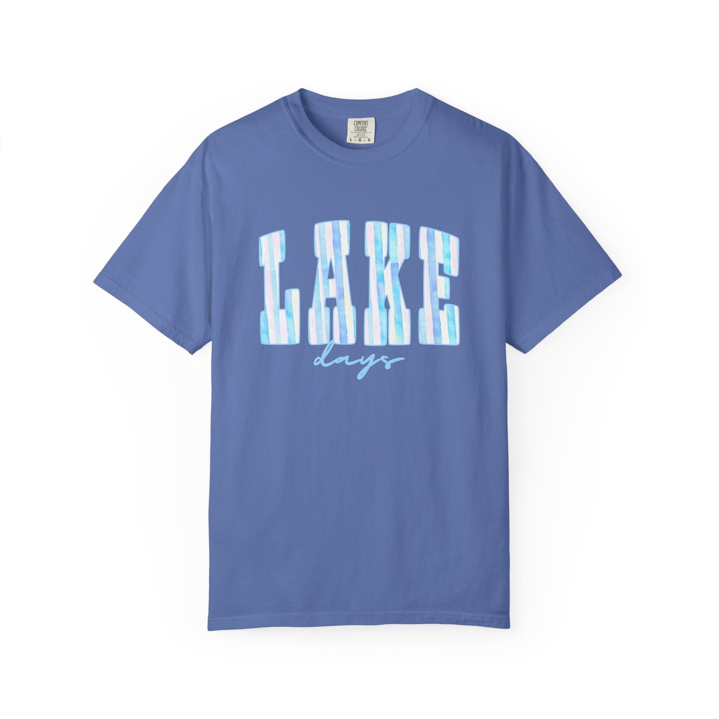 T-Shirt — "Lake Days" Blue Striped Graphic Tee