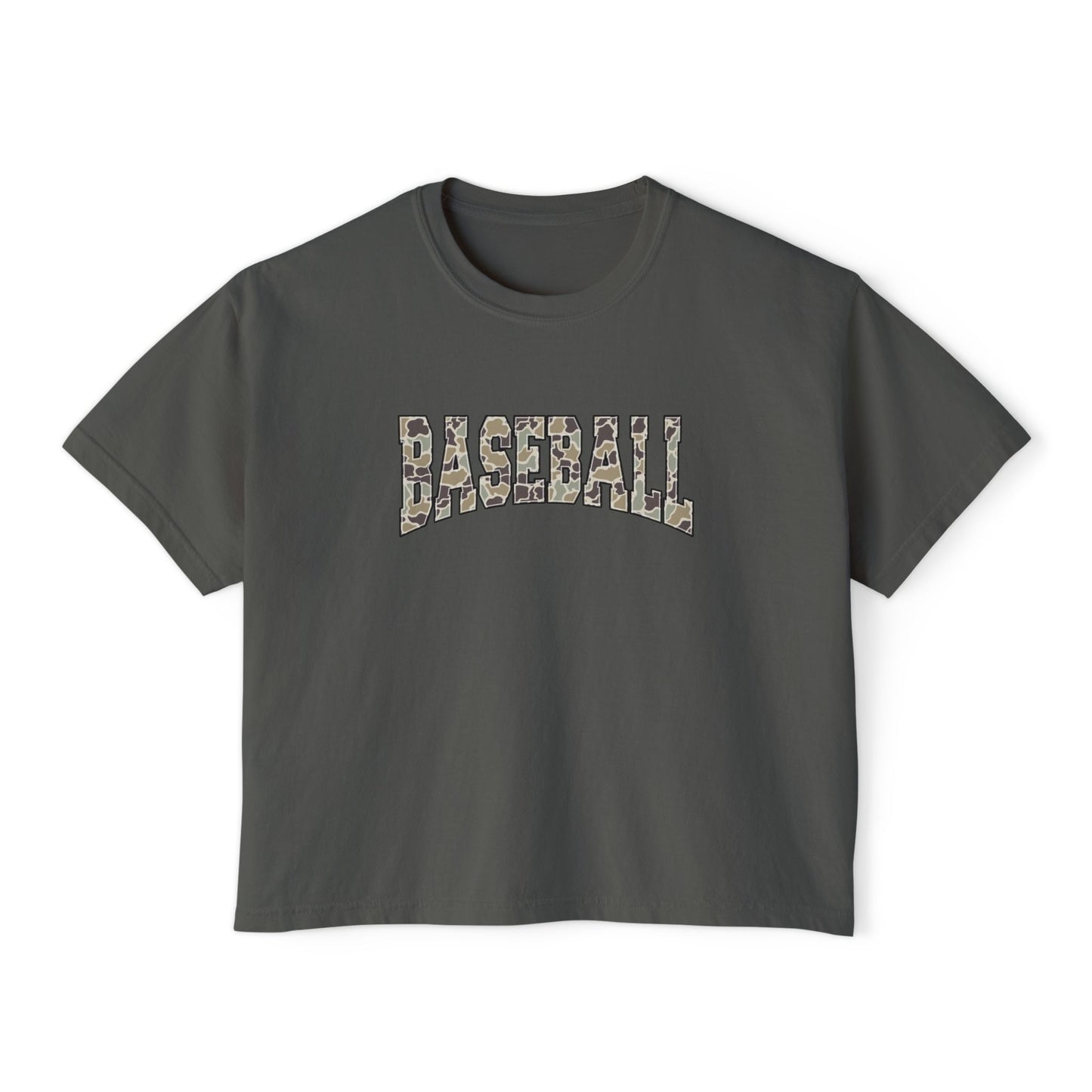 Baseball Camo Boxy Tee — Women's Cropped Casual Shirt