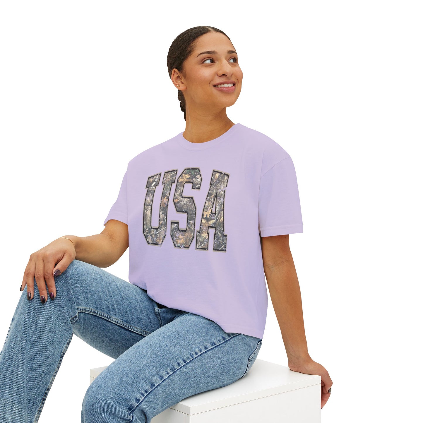 USA Camo Boxy Tee — Women's Patriotic Crop T-Shirt