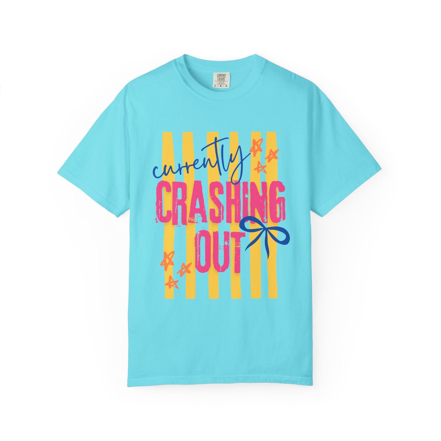Crashing Out Graphic T‑Shirt — "Currently Crashing Out" Colorful Stripes & Bow Tee