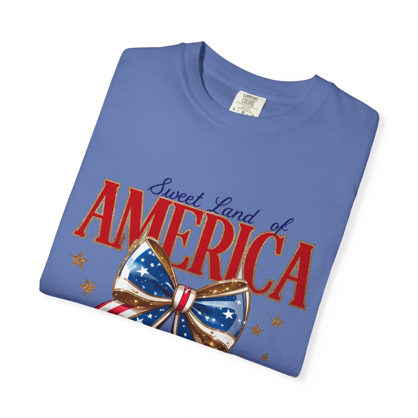 America Cherry Patriotic T-Shirt — "Sweet Land of America" Vintage Bow Design