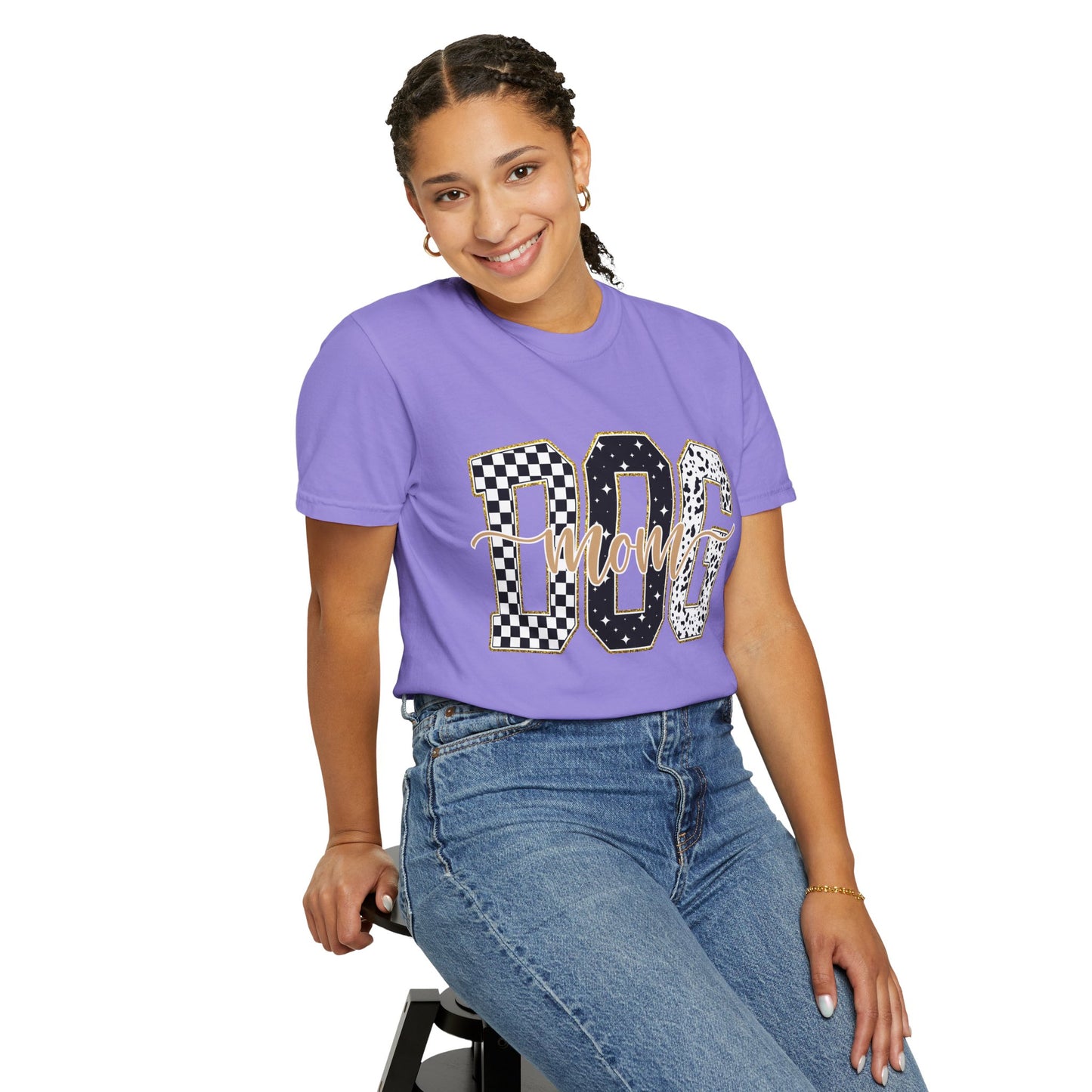 Dog Mom T‑Shirt — Checkerboard & Leopard Lettering Graphic Tee