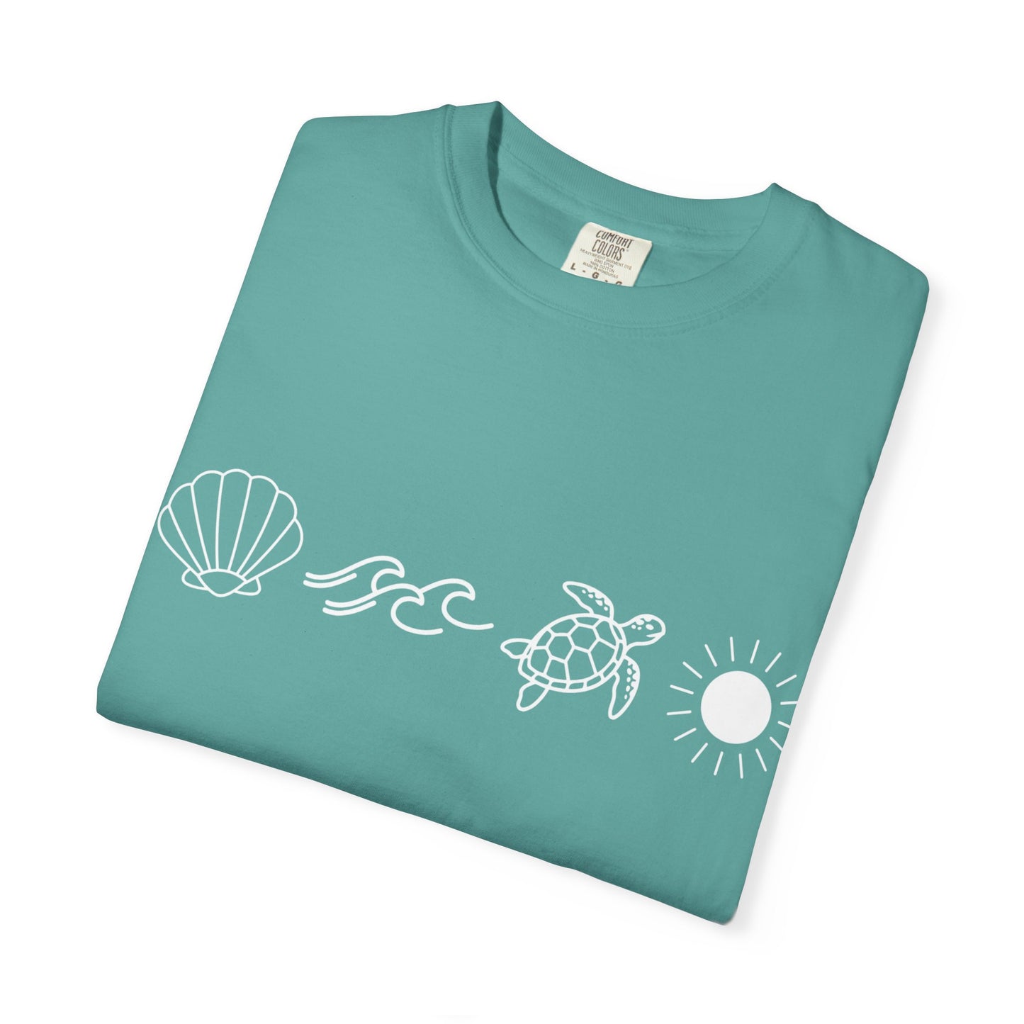 Sea Life Icons T-Shirt — Shell, Waves, Turtle & Sun Graphic Tee