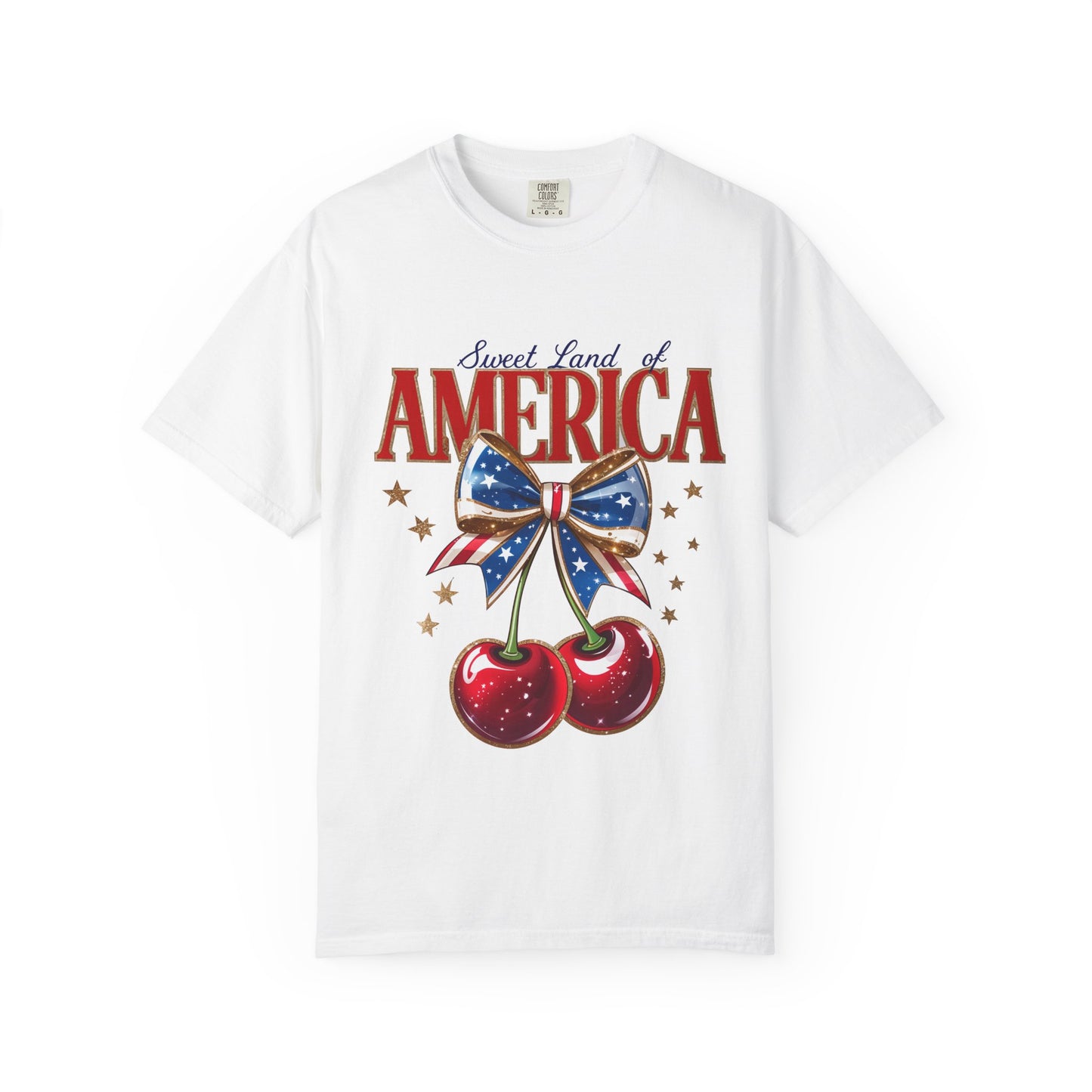 America Cherry Patriotic T-Shirt — "Sweet Land of America" Vintage Bow Design