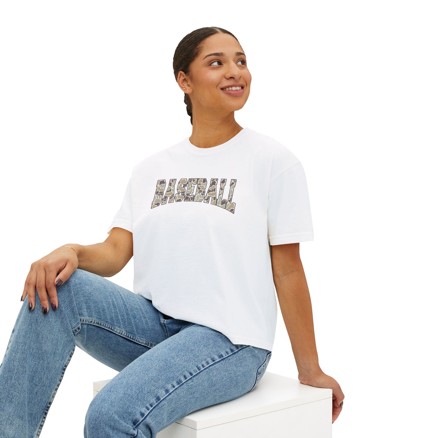 Baseball Camo Boxy Tee — Women's Cropped Casual Shirt