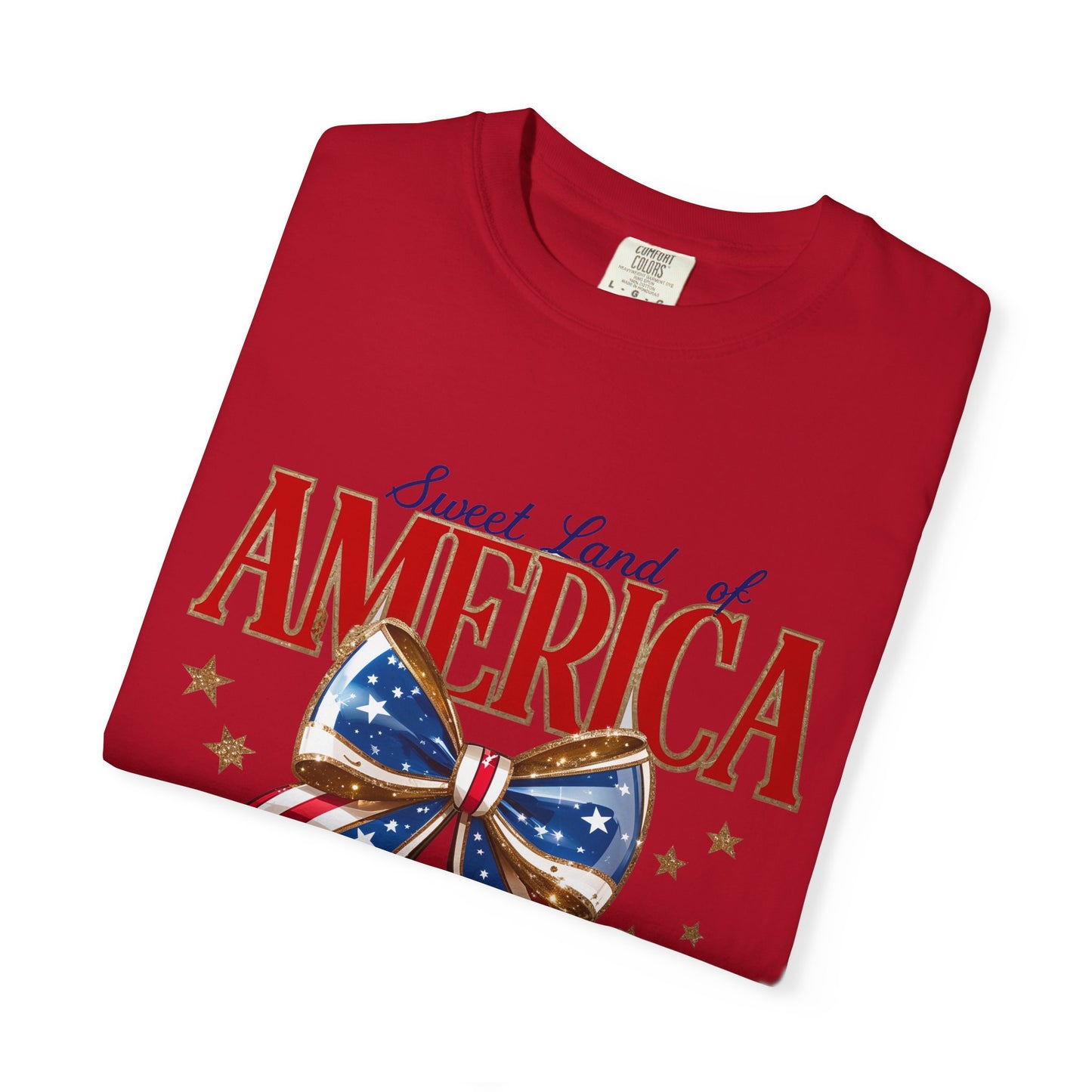 America Cherry Patriotic T-Shirt — "Sweet Land of America" Vintage Bow Design