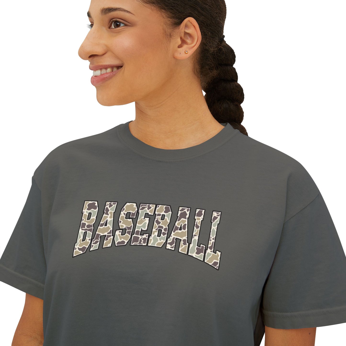 Baseball Camo Boxy Tee — Women's Cropped Casual Shirt
