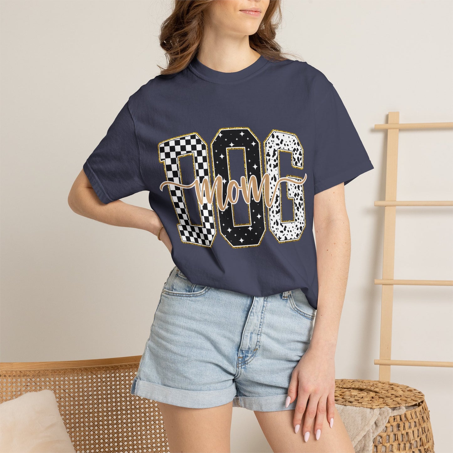 Dog Mom T‑Shirt — Checkerboard & Leopard Lettering Graphic Tee