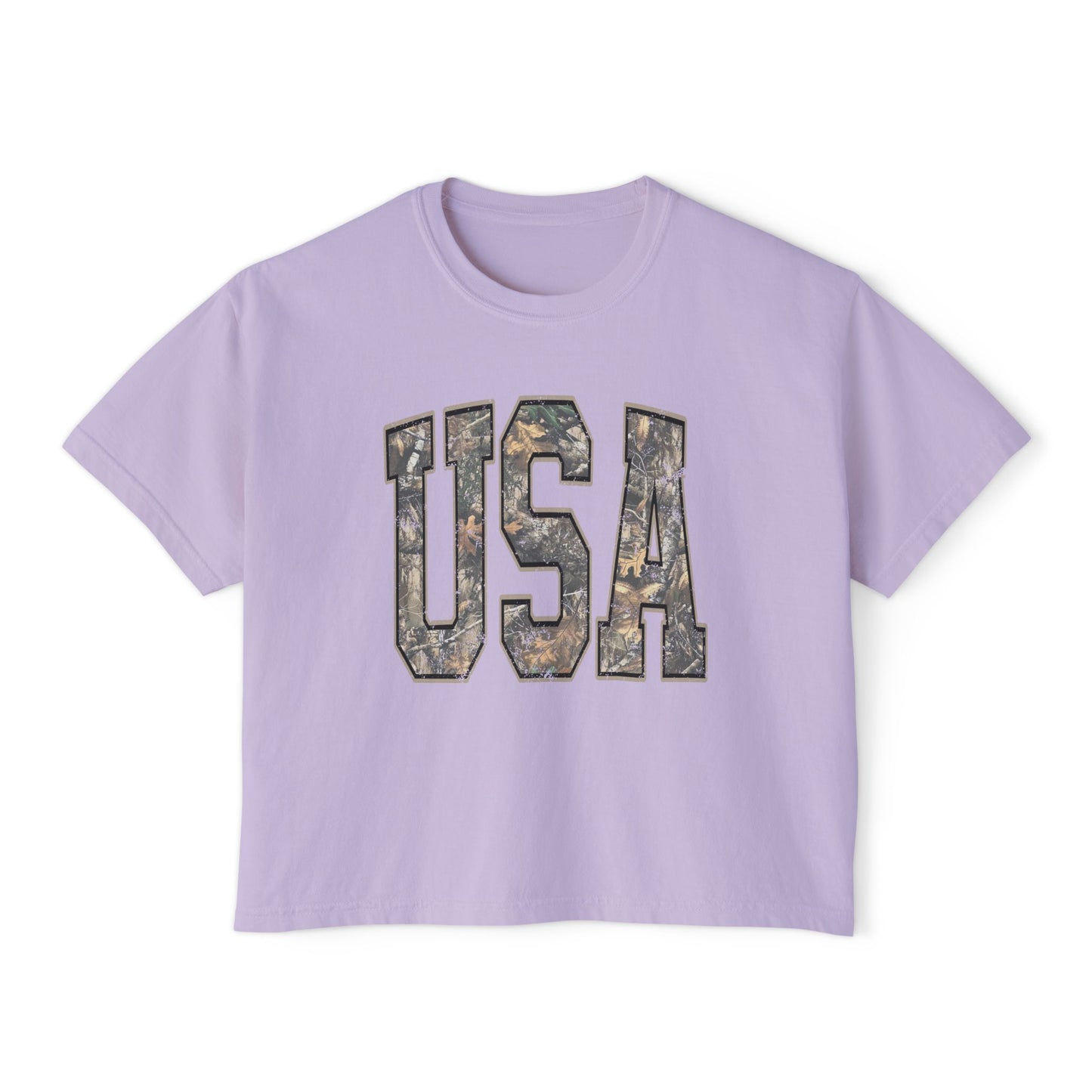 USA Camo Boxy Tee — Women's Patriotic Crop T-Shirt