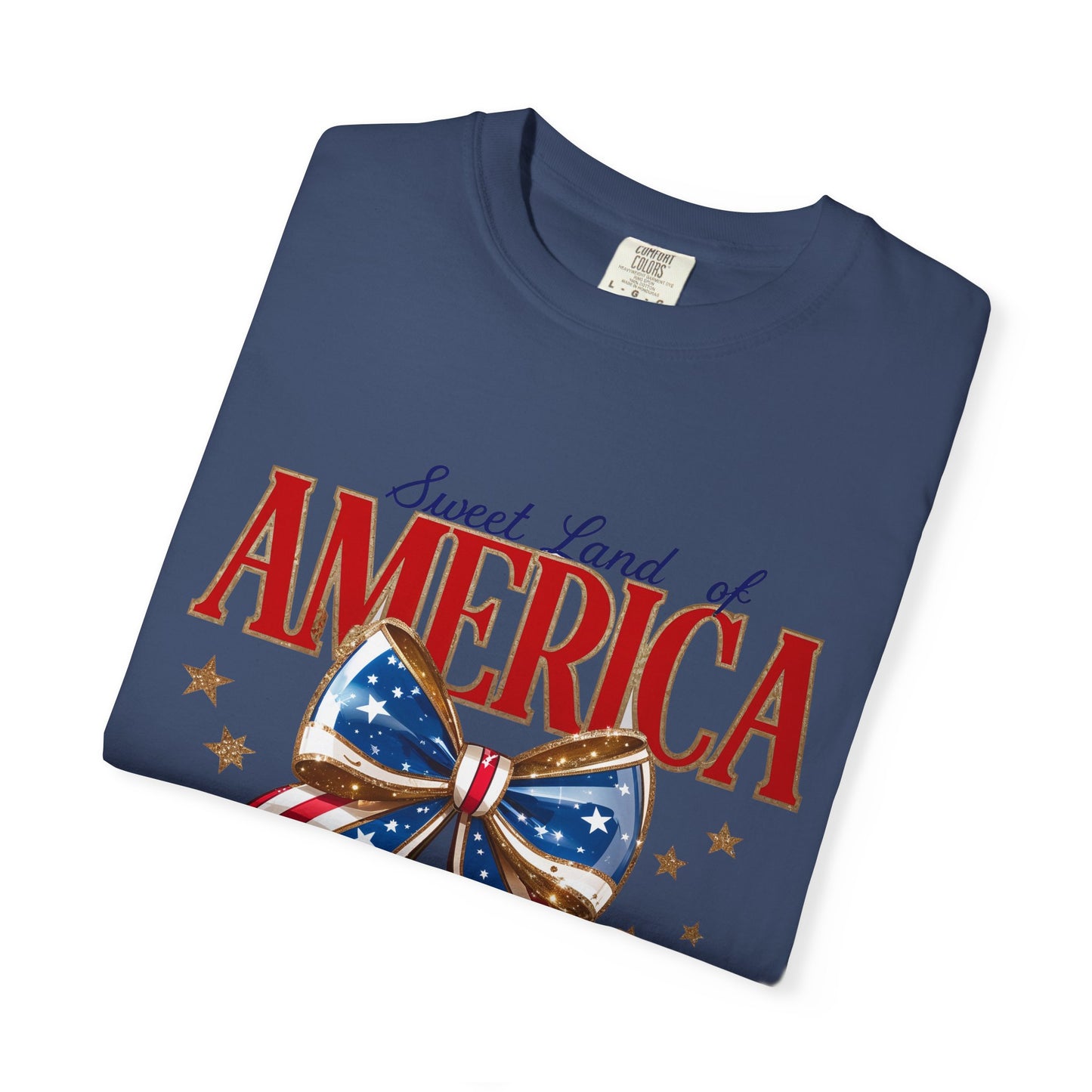 America Cherry Patriotic T-Shirt — "Sweet Land of America" Vintage Bow Design