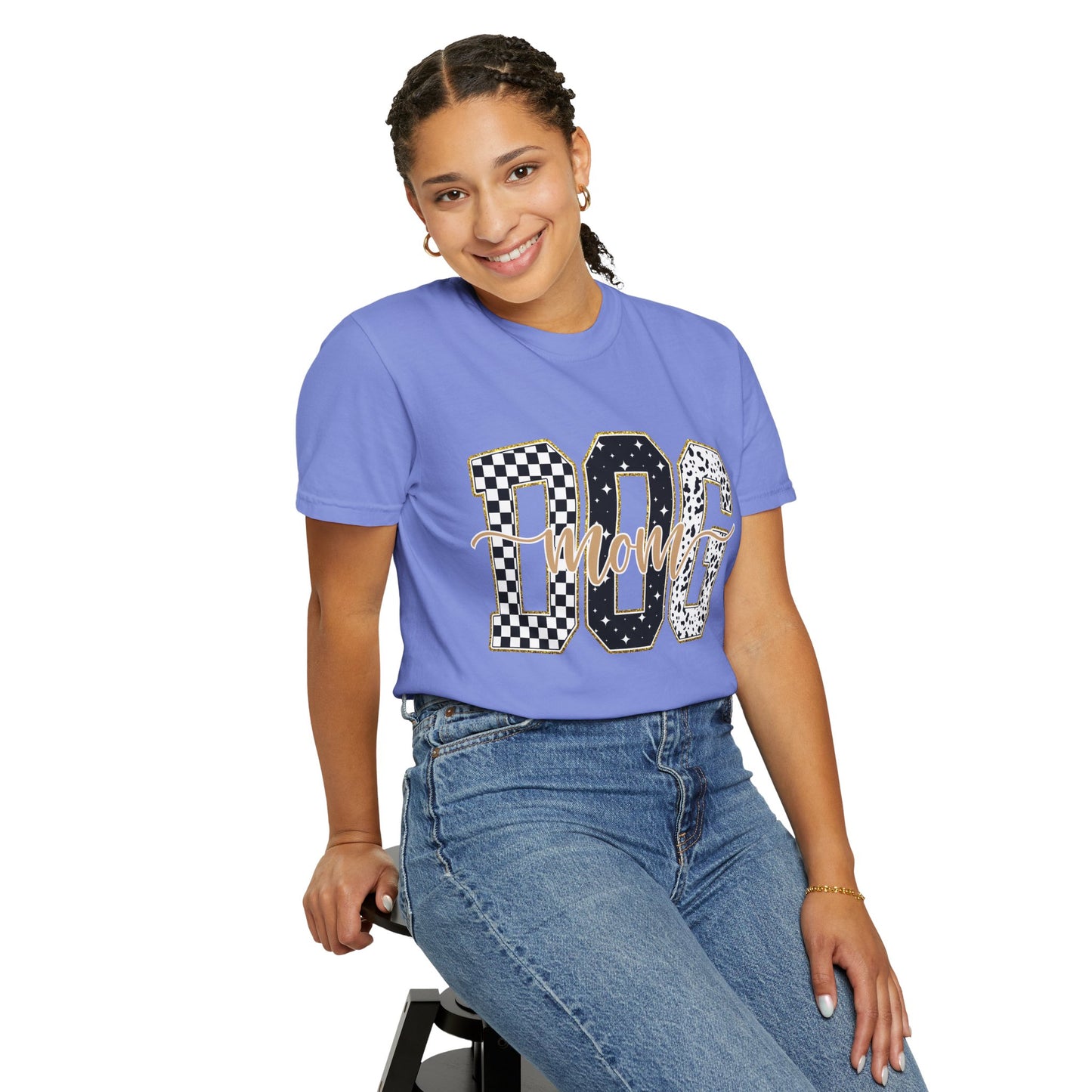 Dog Mom T‑Shirt — Checkerboard & Leopard Lettering Graphic Tee