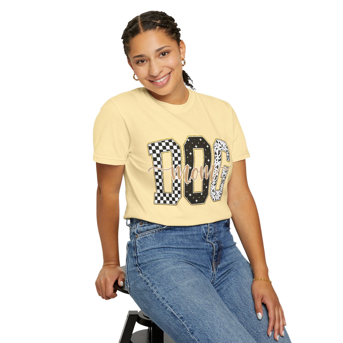 Dog Mom T‑Shirt — Checkerboard & Leopard Lettering Graphic Tee