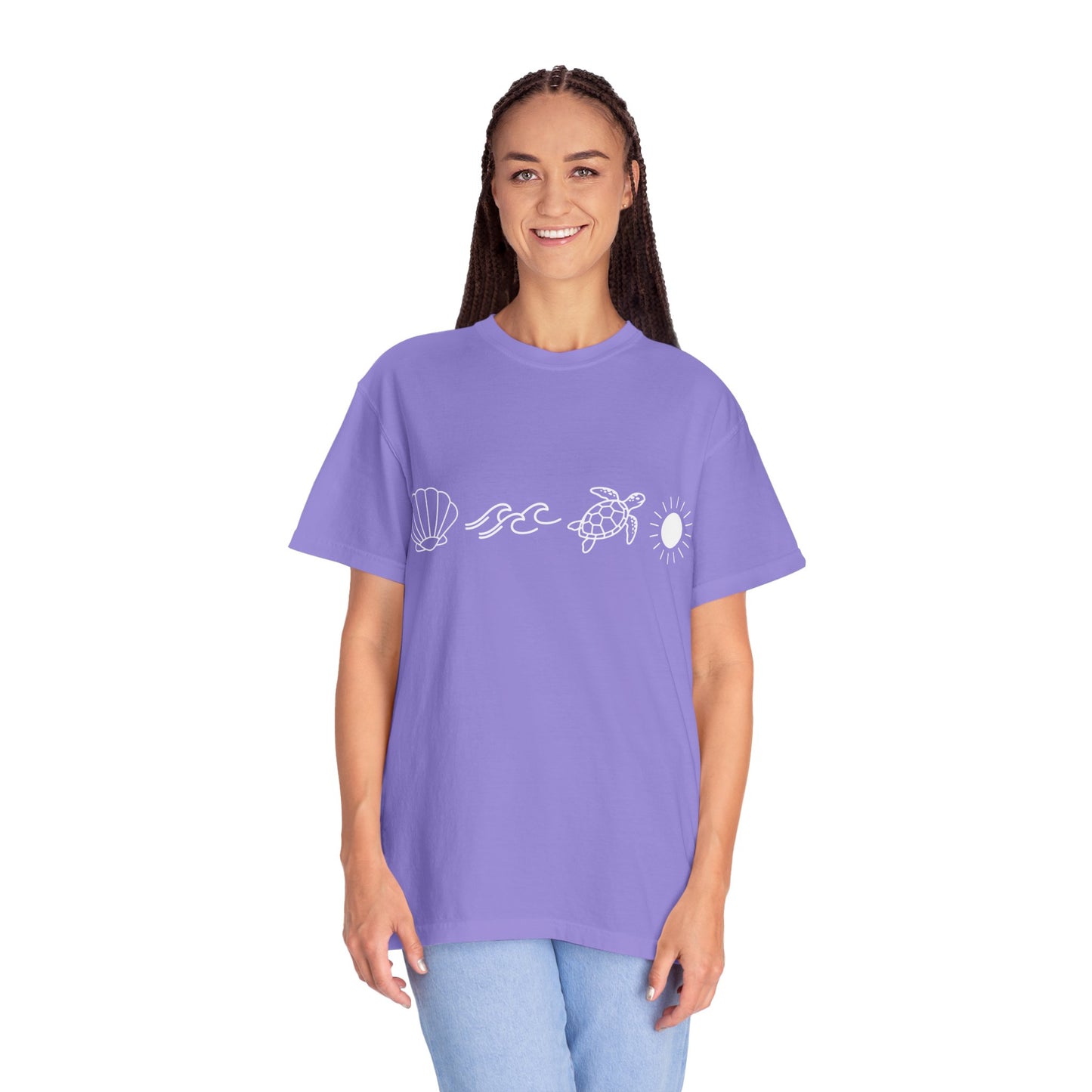 Sea Life Icons T-Shirt — Shell, Waves, Turtle & Sun Graphic Tee