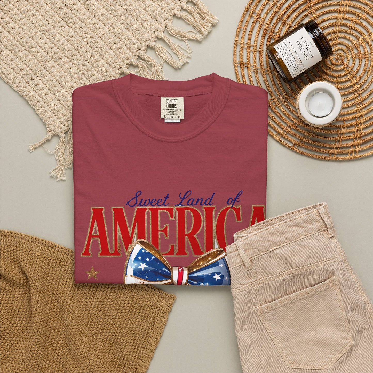 America Cherry Patriotic T-Shirt — "Sweet Land of America" Vintage Bow Design