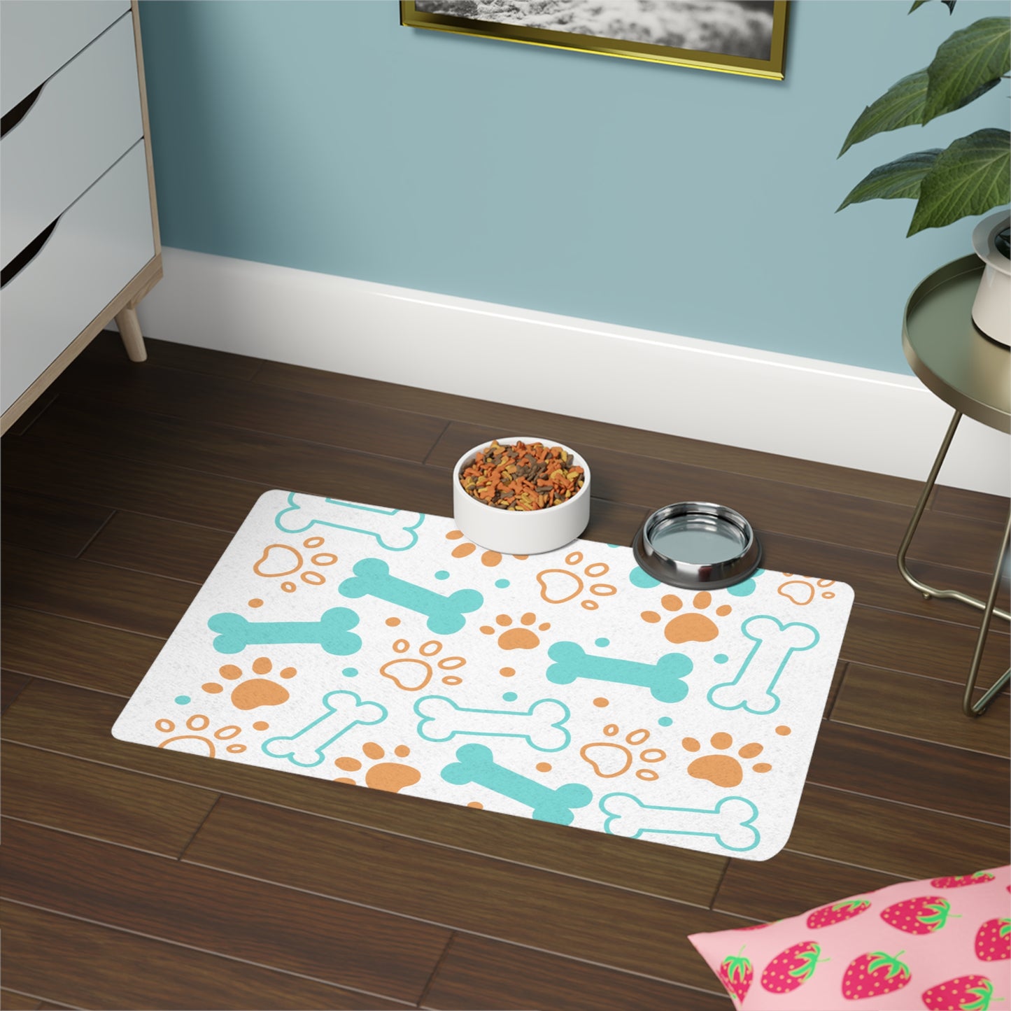 Dog Bone Paw Print Pet Food Mat (12x18) — Waterproof Non-Slip Feeding Placemat
