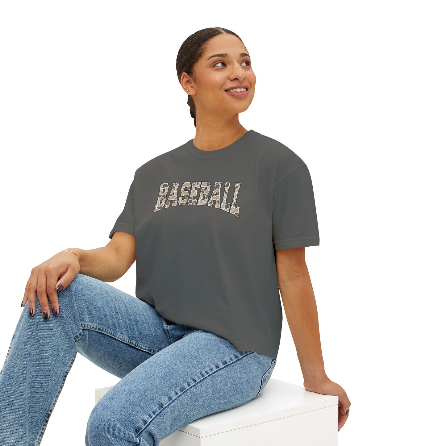 Baseball Camo Boxy Tee — Women's Cropped Casual Shirt