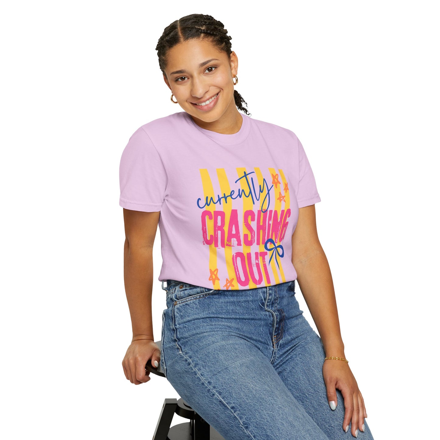 Crashing Out Graphic T‑Shirt — "Currently Crashing Out" Colorful Stripes & Bow Tee