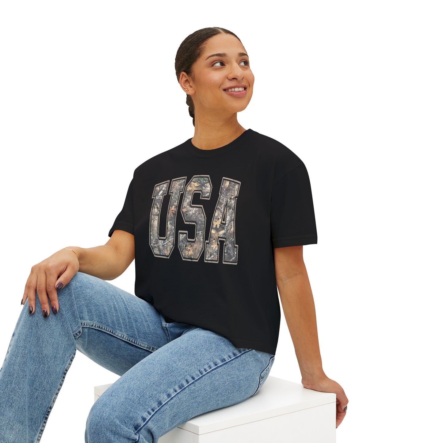 USA Camo Boxy Tee — Women's Patriotic Crop T-Shirt