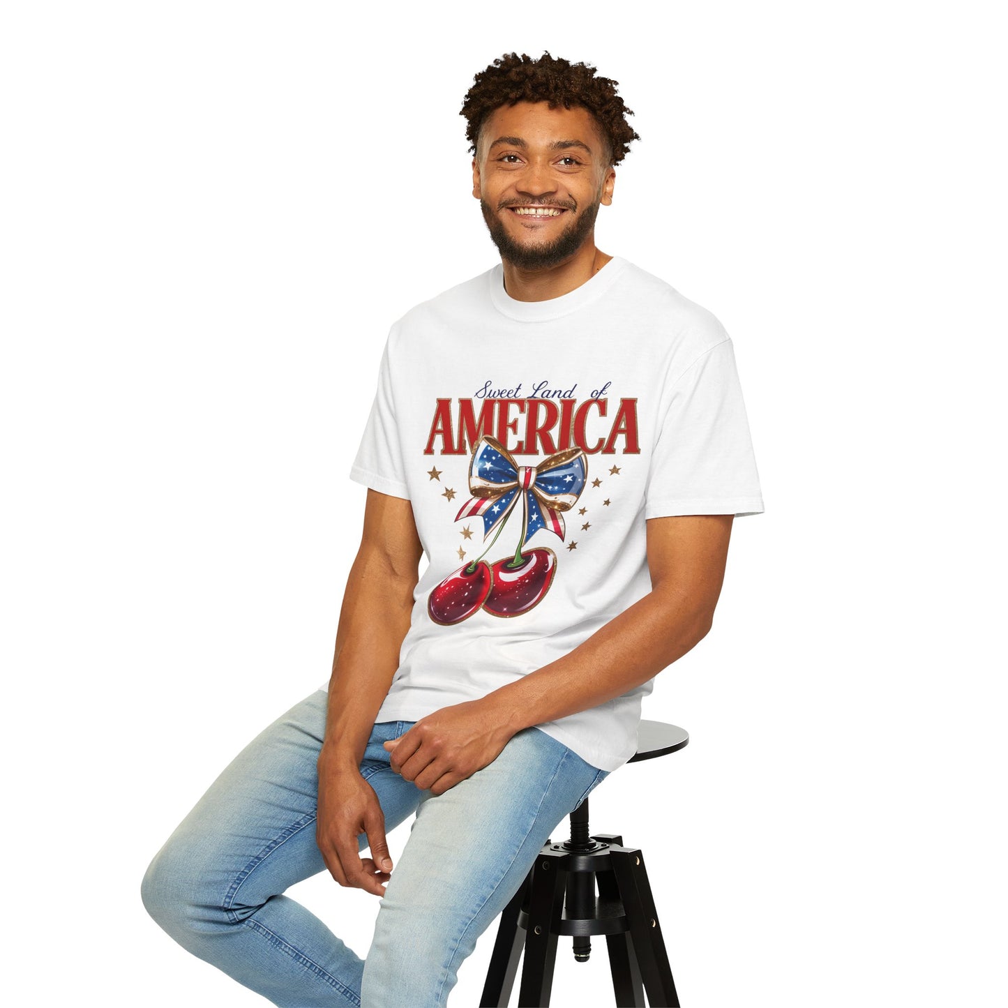 America Cherry Patriotic T-Shirt — "Sweet Land of America" Vintage Bow Design