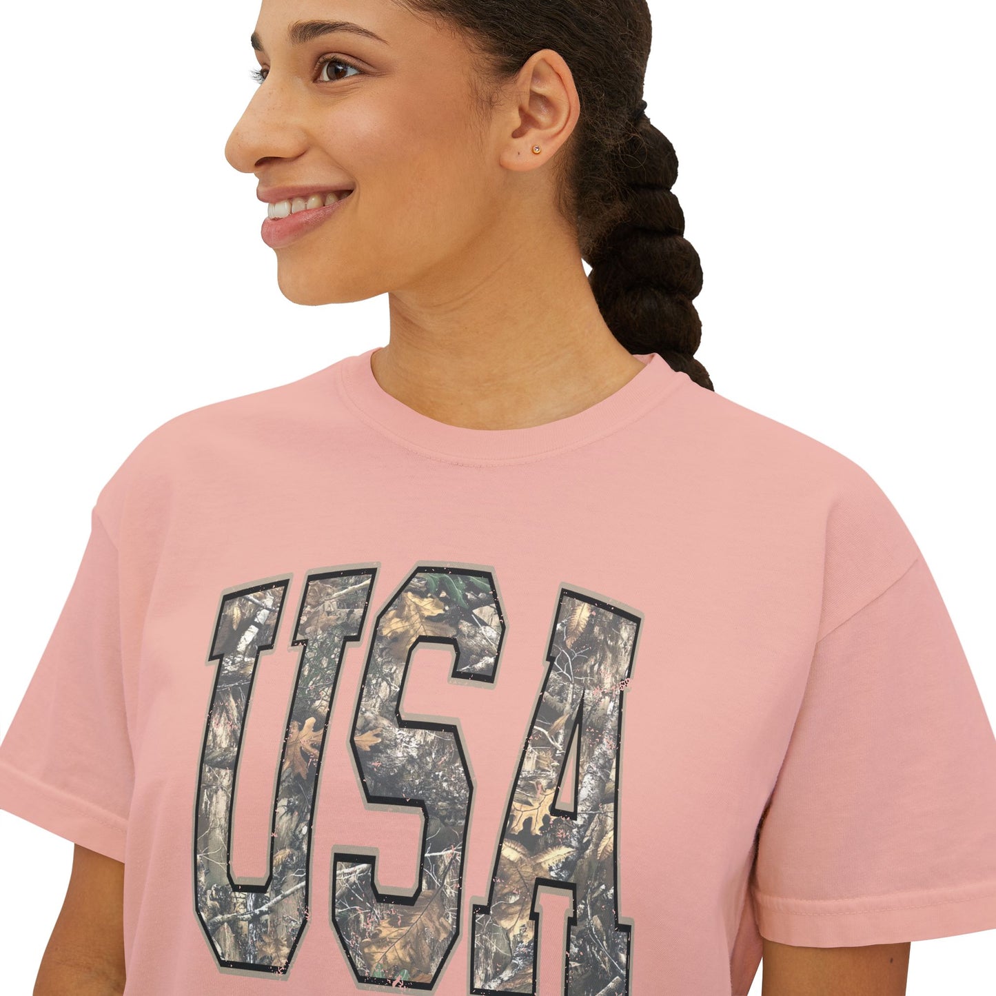 USA Camo Boxy Tee — Women's Patriotic Crop T-Shirt