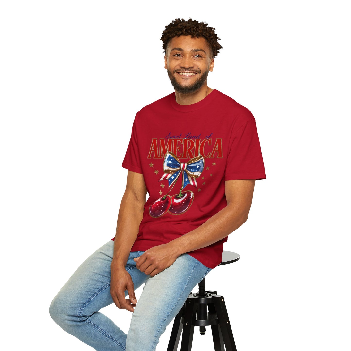 America Cherry Patriotic T-Shirt — "Sweet Land of America" Vintage Bow Design