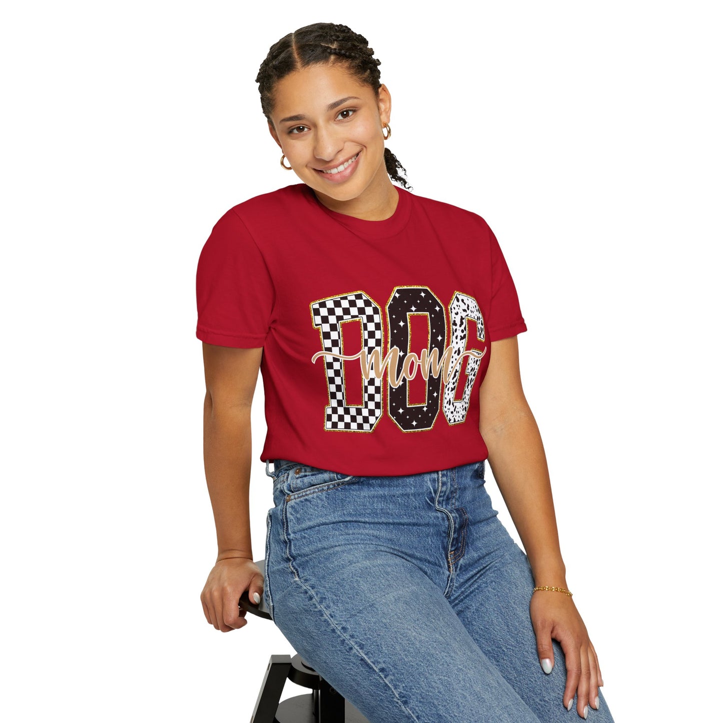 Dog Mom T‑Shirt — Checkerboard & Leopard Lettering Graphic Tee