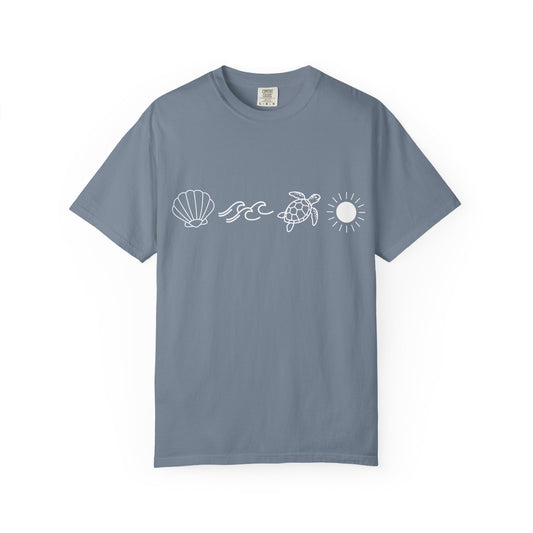 Sea Life Icons T-Shirt — Shell, Waves, Turtle & Sun Graphic Tee