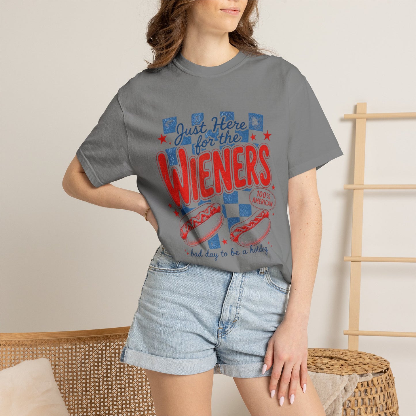 Just Here for the Wieners T-Shirt — Patriotic Hot Dog BBQ Tee