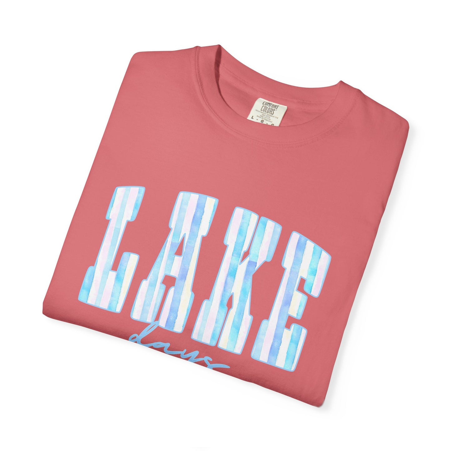 T-Shirt — "Lake Days" Blue Striped Graphic Tee