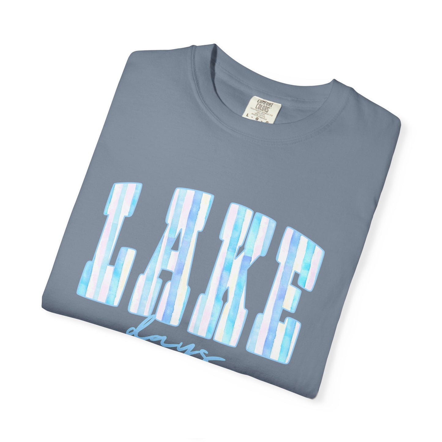 T-Shirt — "Lake Days" Blue Striped Graphic Tee