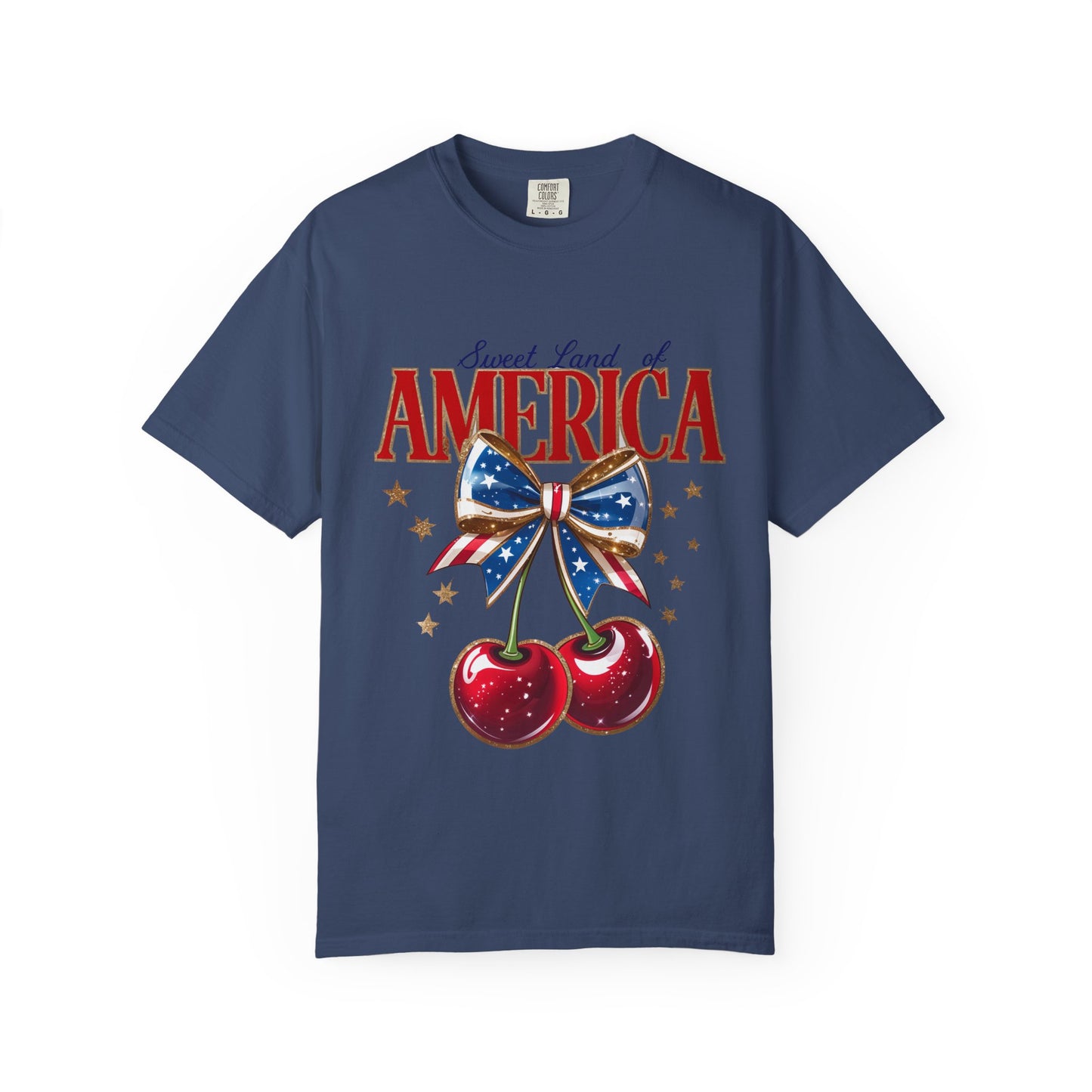 America Cherry Patriotic T-Shirt — "Sweet Land of America" Vintage Bow Design