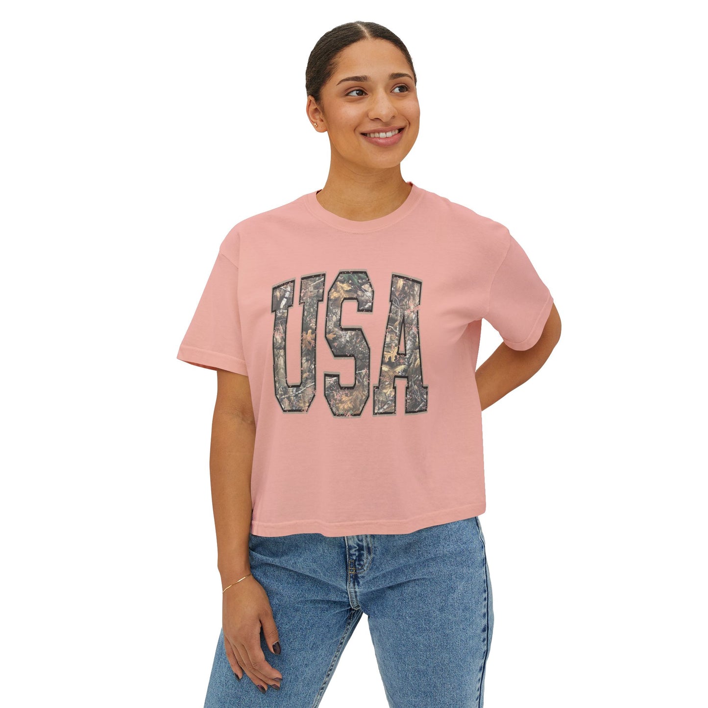 USA Camo Boxy Tee — Women's Patriotic Crop T-Shirt