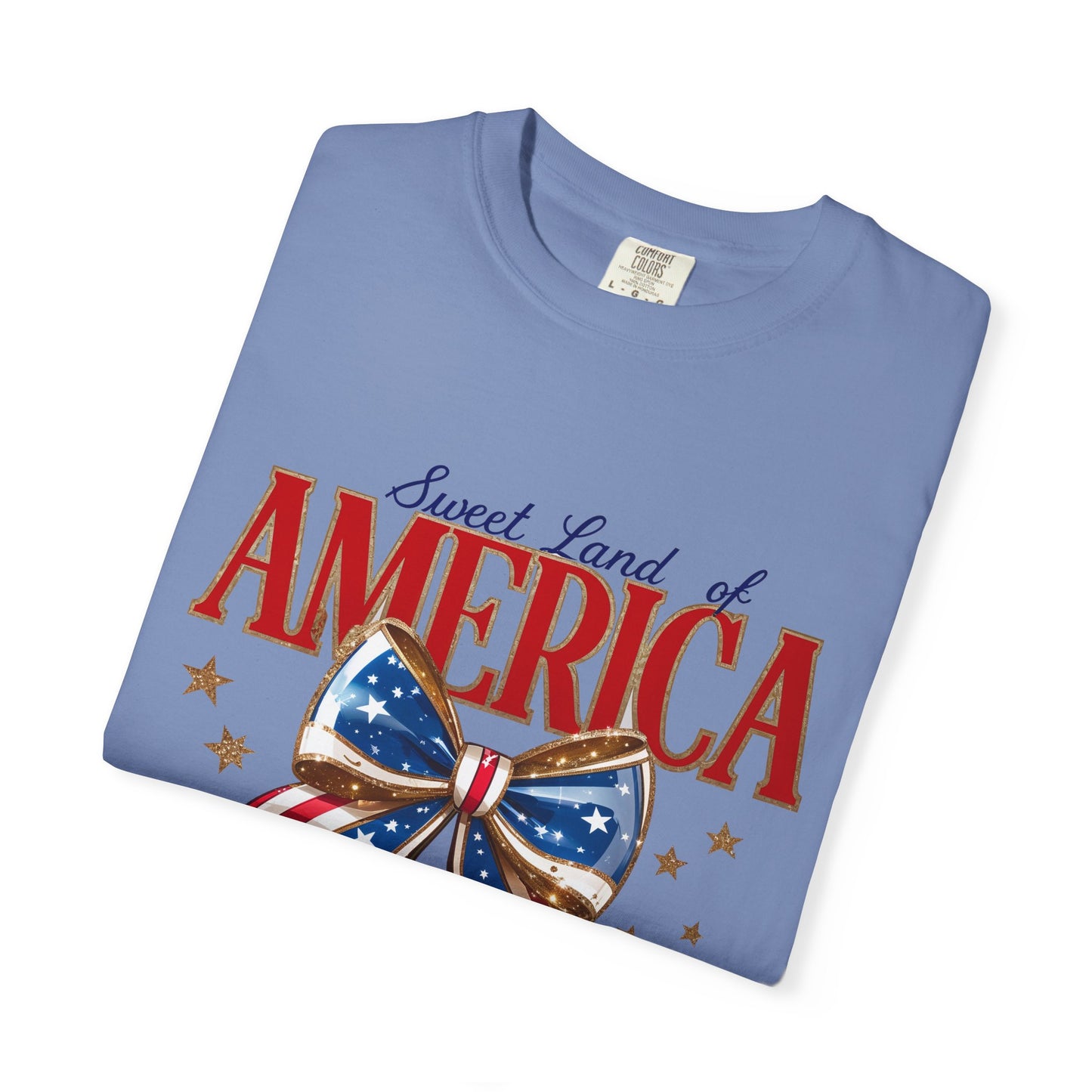 America Cherry Patriotic T-Shirt — "Sweet Land of America" Vintage Bow Design