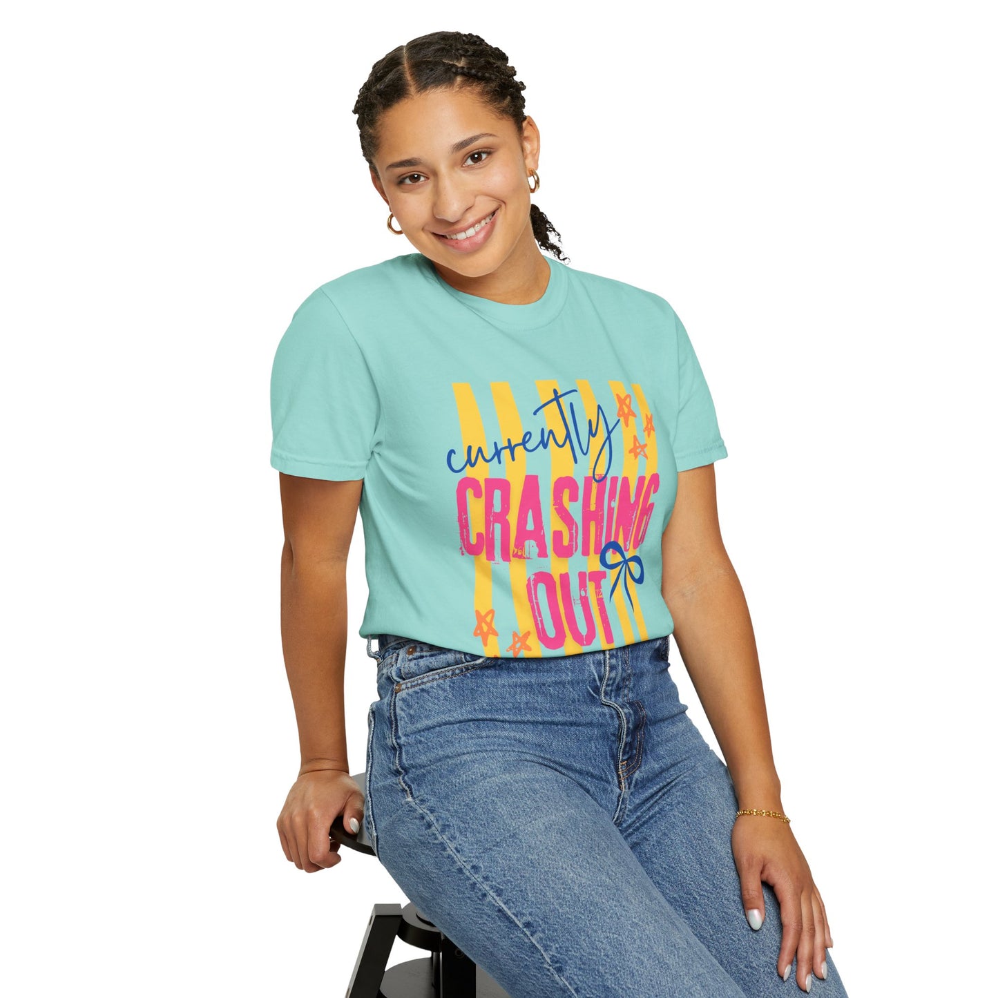 Crashing Out Graphic T‑Shirt — "Currently Crashing Out" Colorful Stripes & Bow Tee