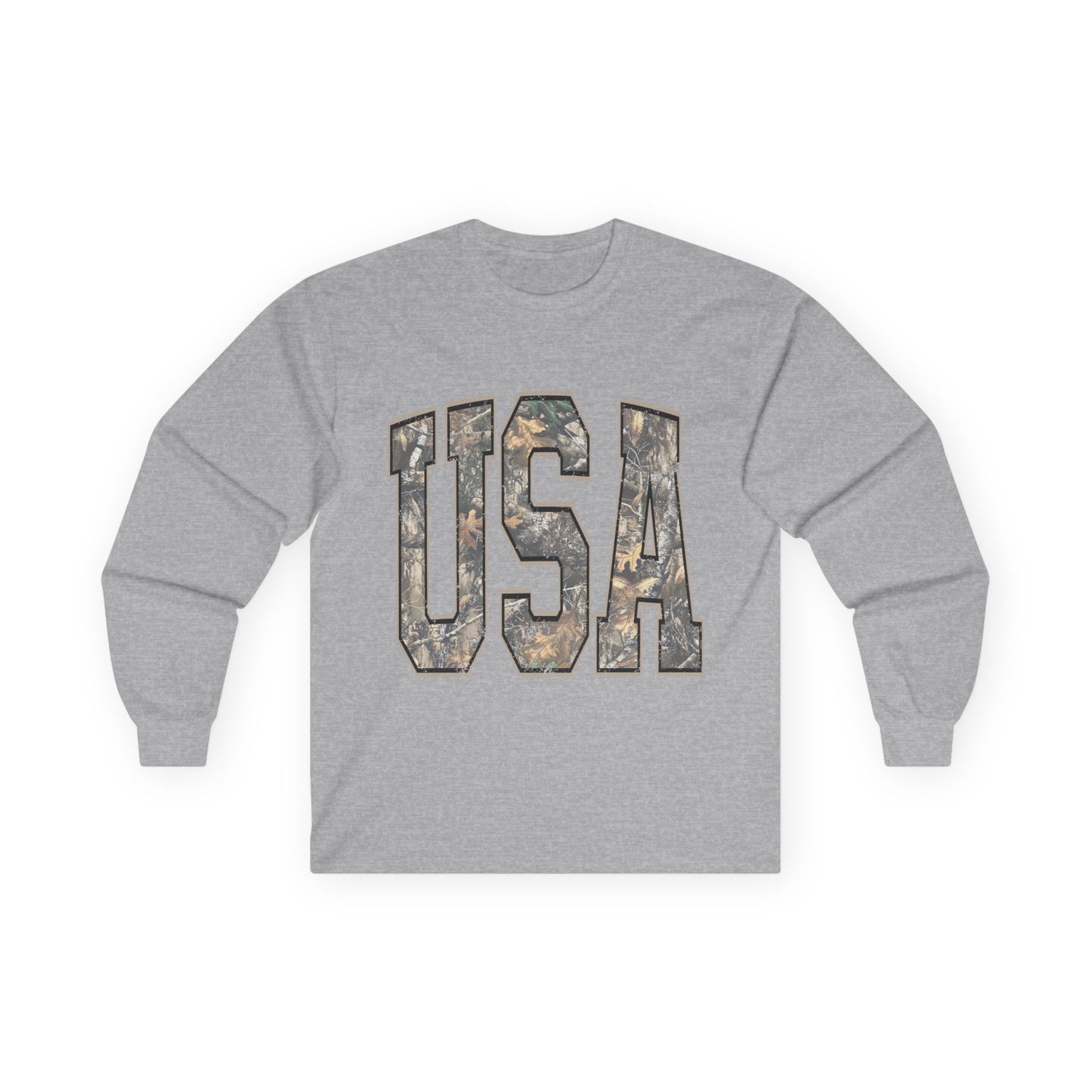 USA Camo Long Sleeve Tee — Patriotic Military Camouflage Graphic Shirt