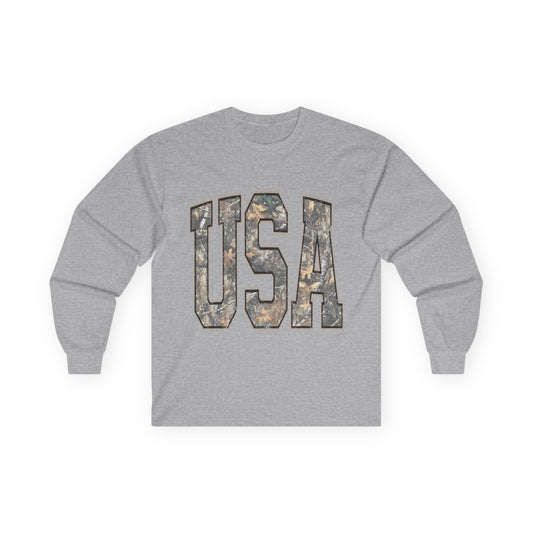 USA Camo Long Sleeve Tee — Patriotic Military Camouflage Graphic Shirt