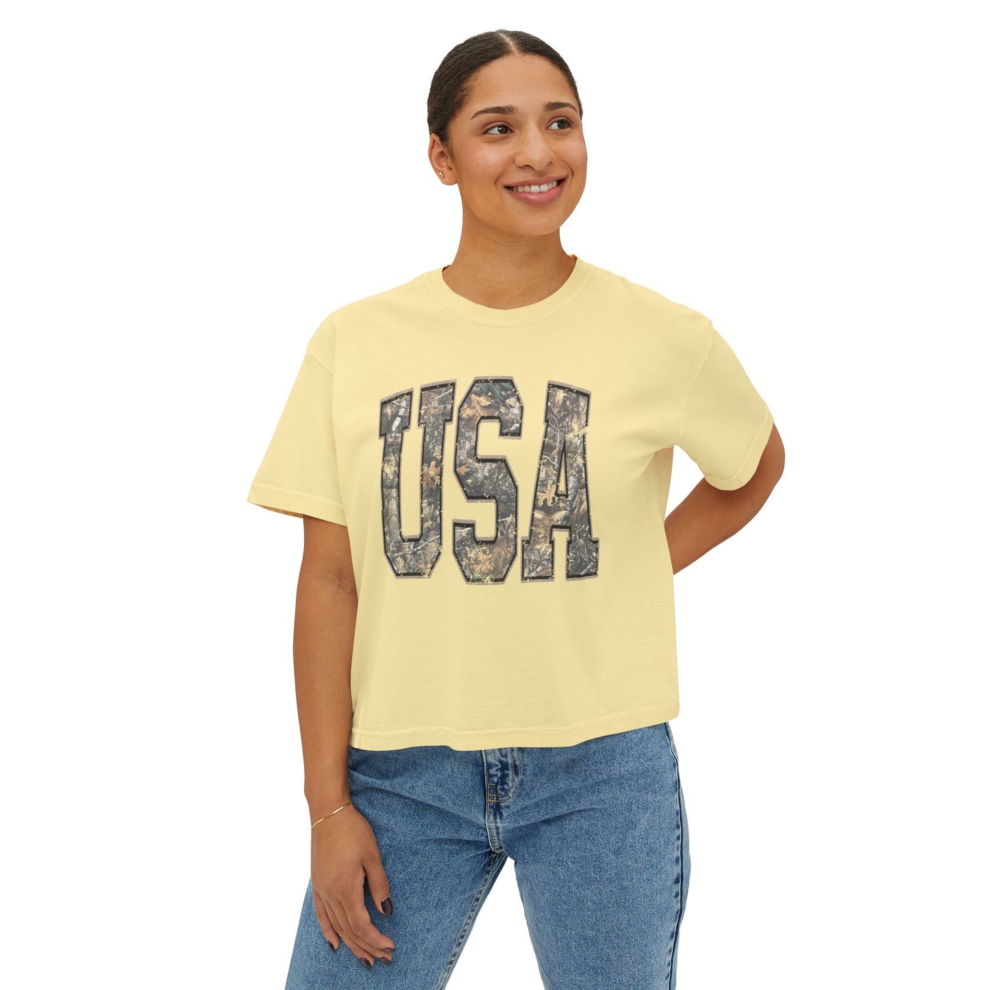 USA Camo Boxy Tee — Women's Patriotic Crop T-Shirt