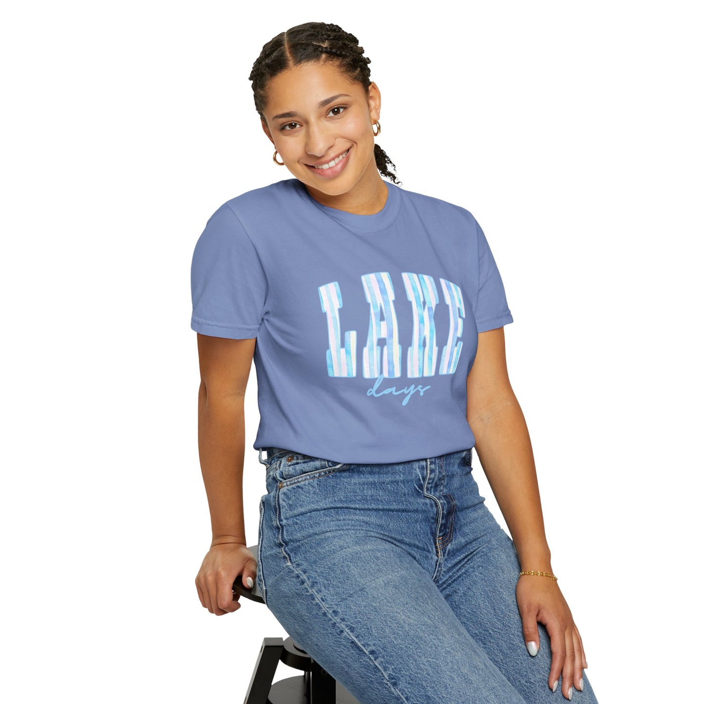 T-Shirt — "Lake Days" Blue Striped Graphic Tee