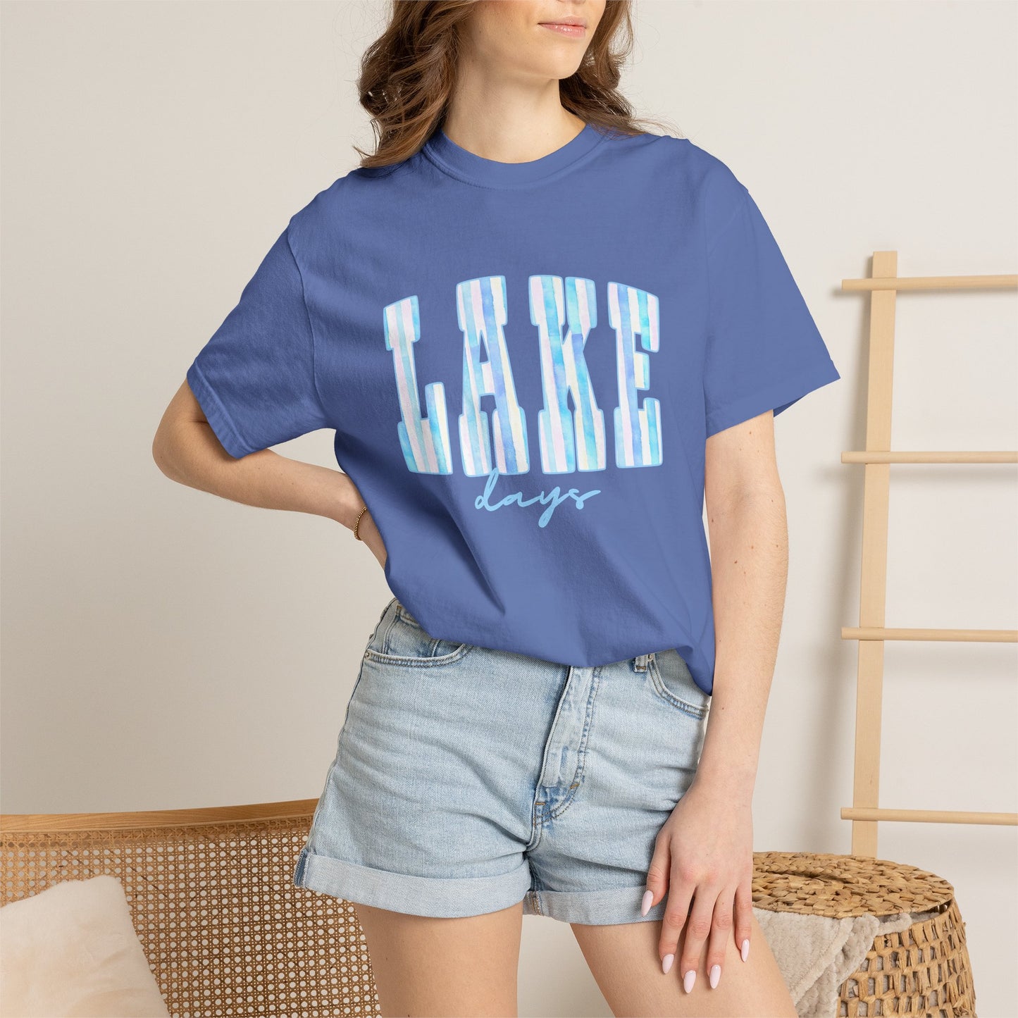 T-Shirt — "Lake Days" Blue Striped Graphic Tee