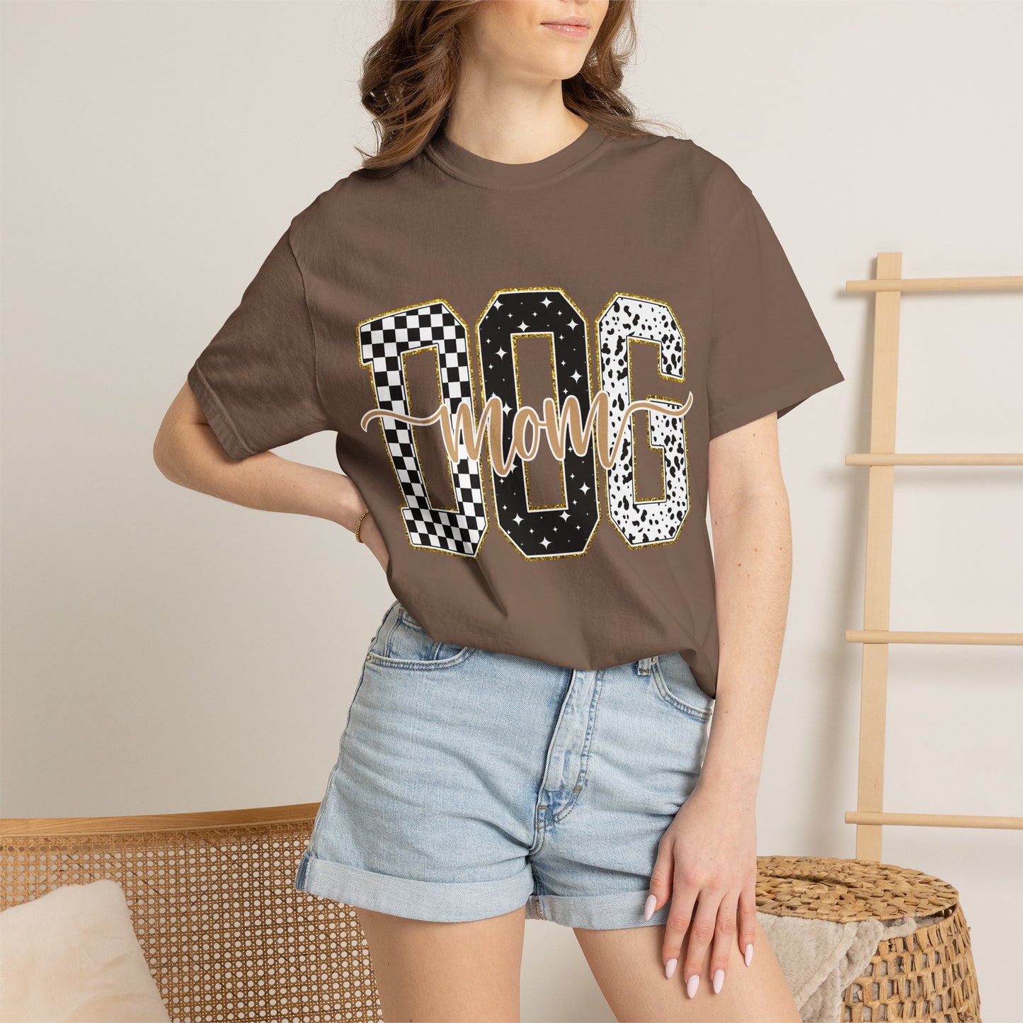 Dog Mom T‑Shirt — Checkerboard & Leopard Lettering Graphic Tee