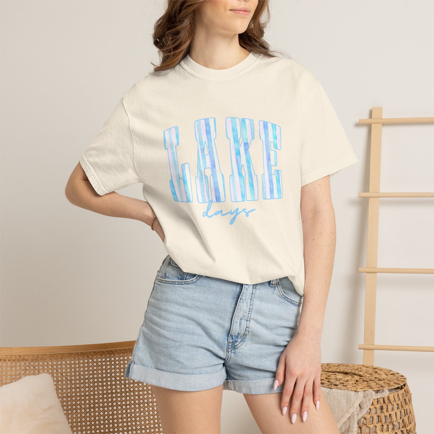 T-Shirt — "Lake Days" Blue Striped Graphic Tee