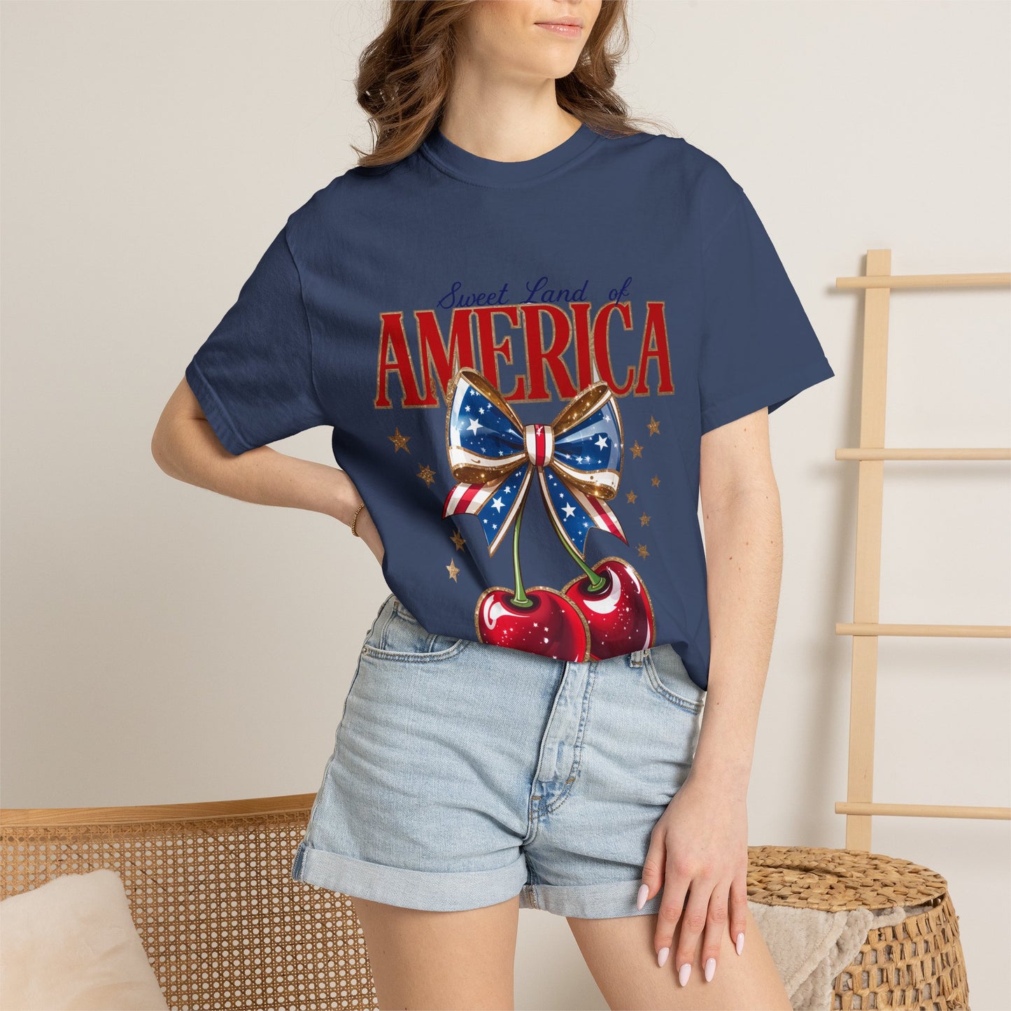 America Cherry Patriotic T-Shirt — "Sweet Land of America" Vintage Bow Design