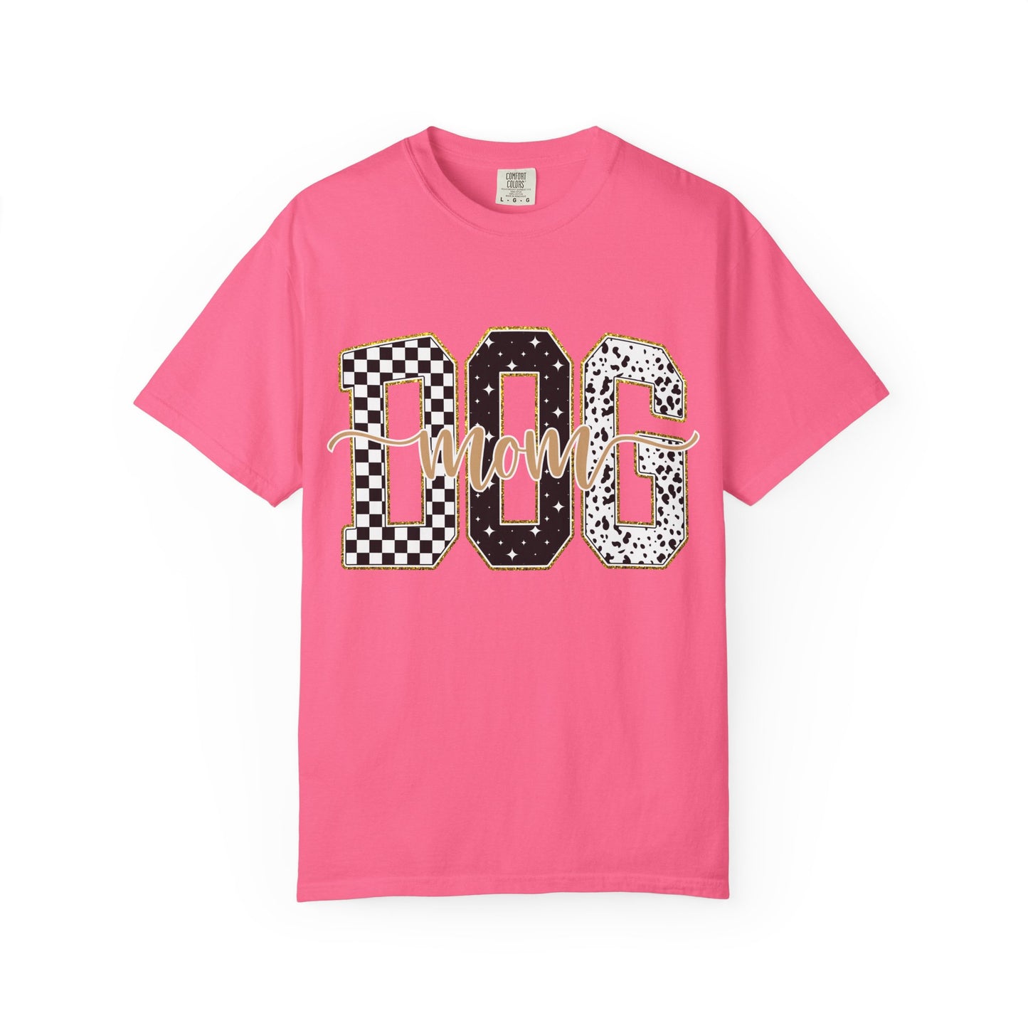 Dog Mom T‑Shirt — Checkerboard & Leopard Lettering Graphic Tee
