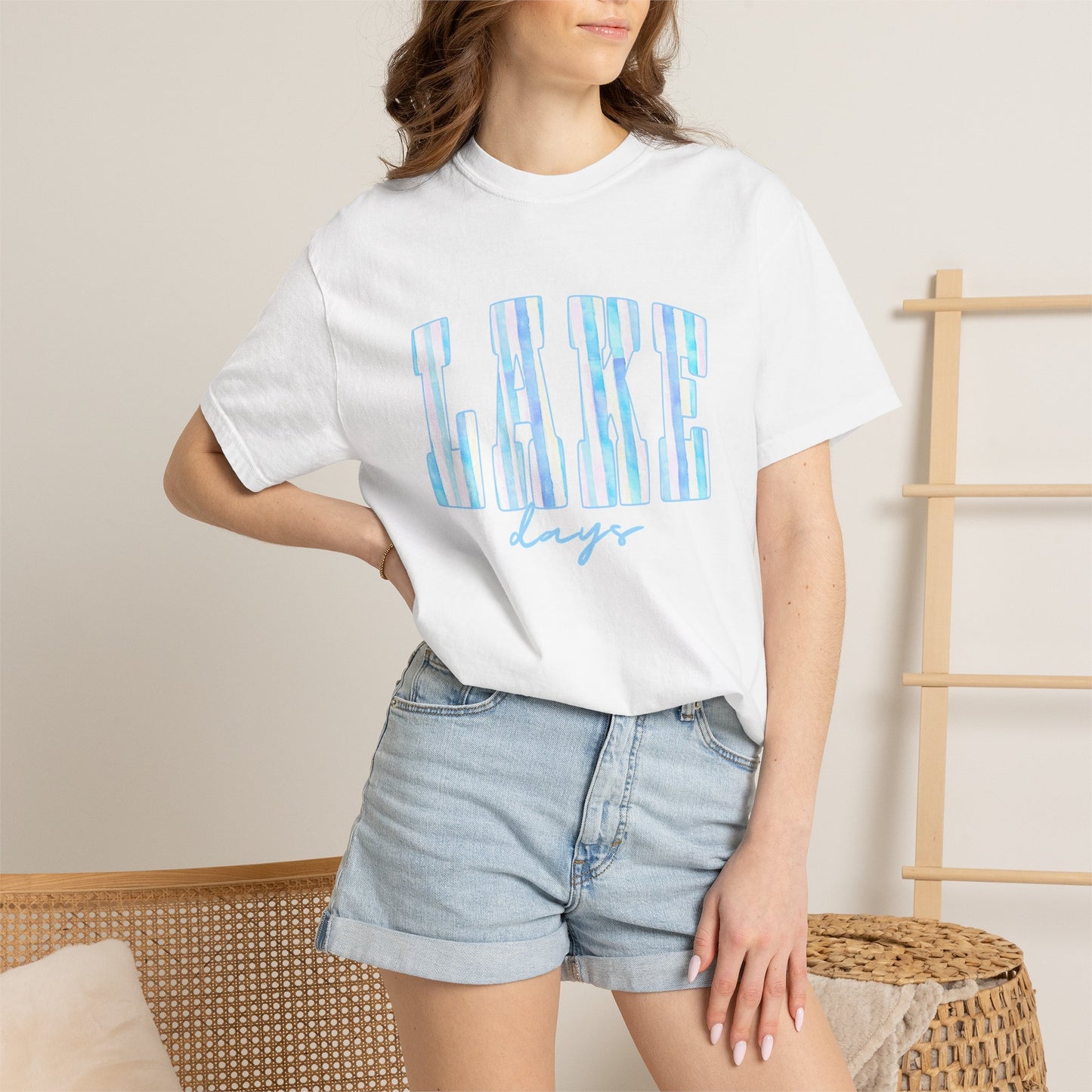 T-Shirt — "Lake Days" Blue Striped Graphic Tee